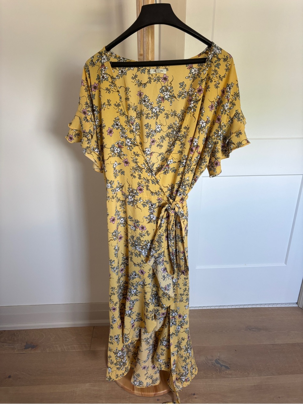 Max Studio Yellow Floral Wrap Maxi Skirt with Pink & White Accents